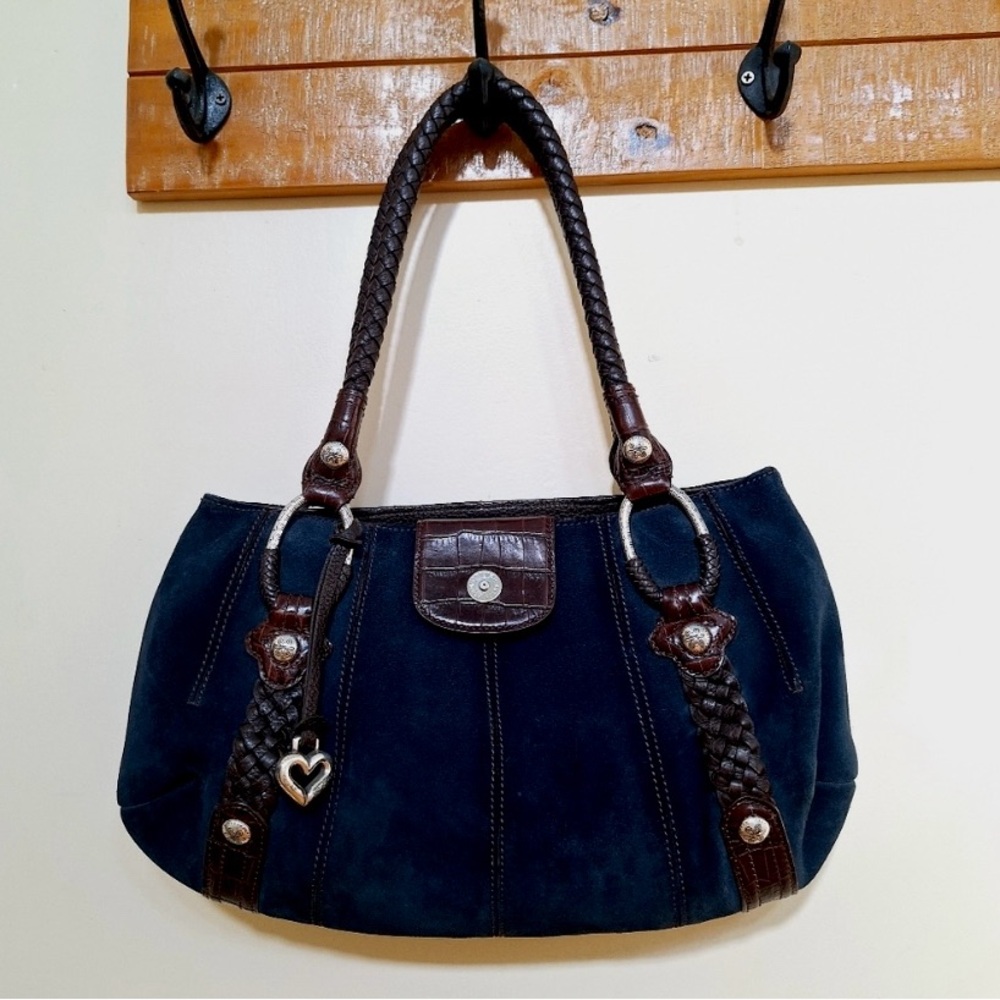 BRIGHTON EUC Navy Suede  Bag with Brown Leather Trim